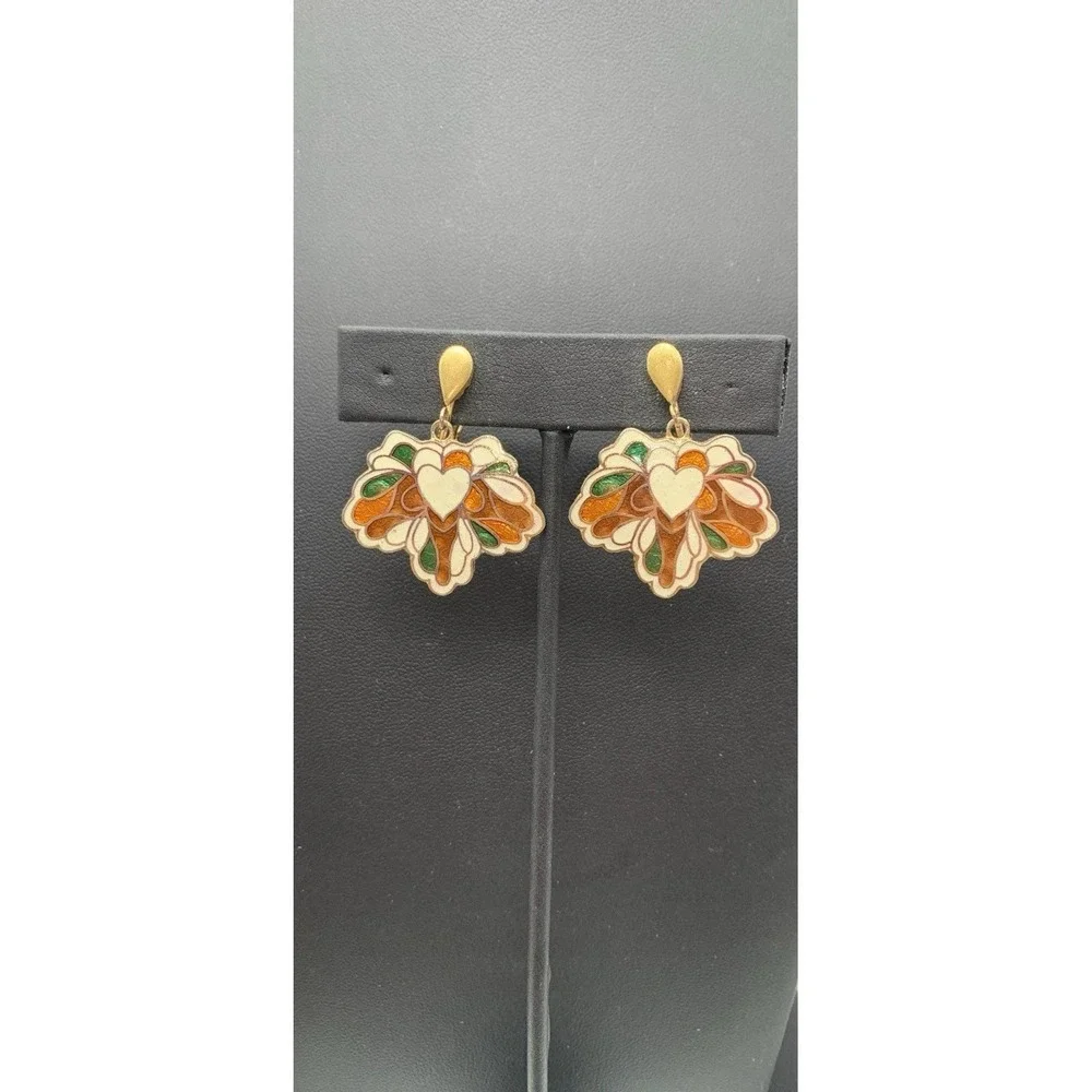 Vintage Avon Heart And Flower Dangle Cloisonné Clip‎ On Earrings